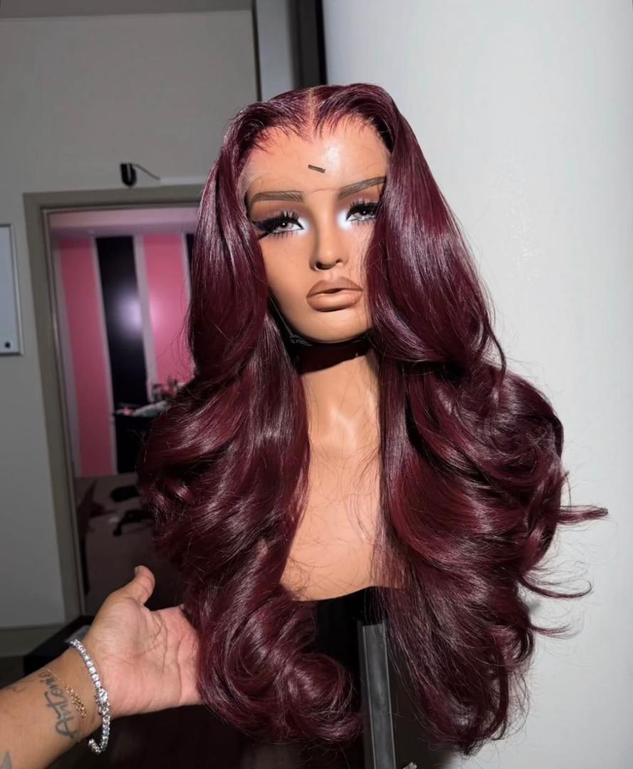 Burgundy raw wavy luxury human hair wig