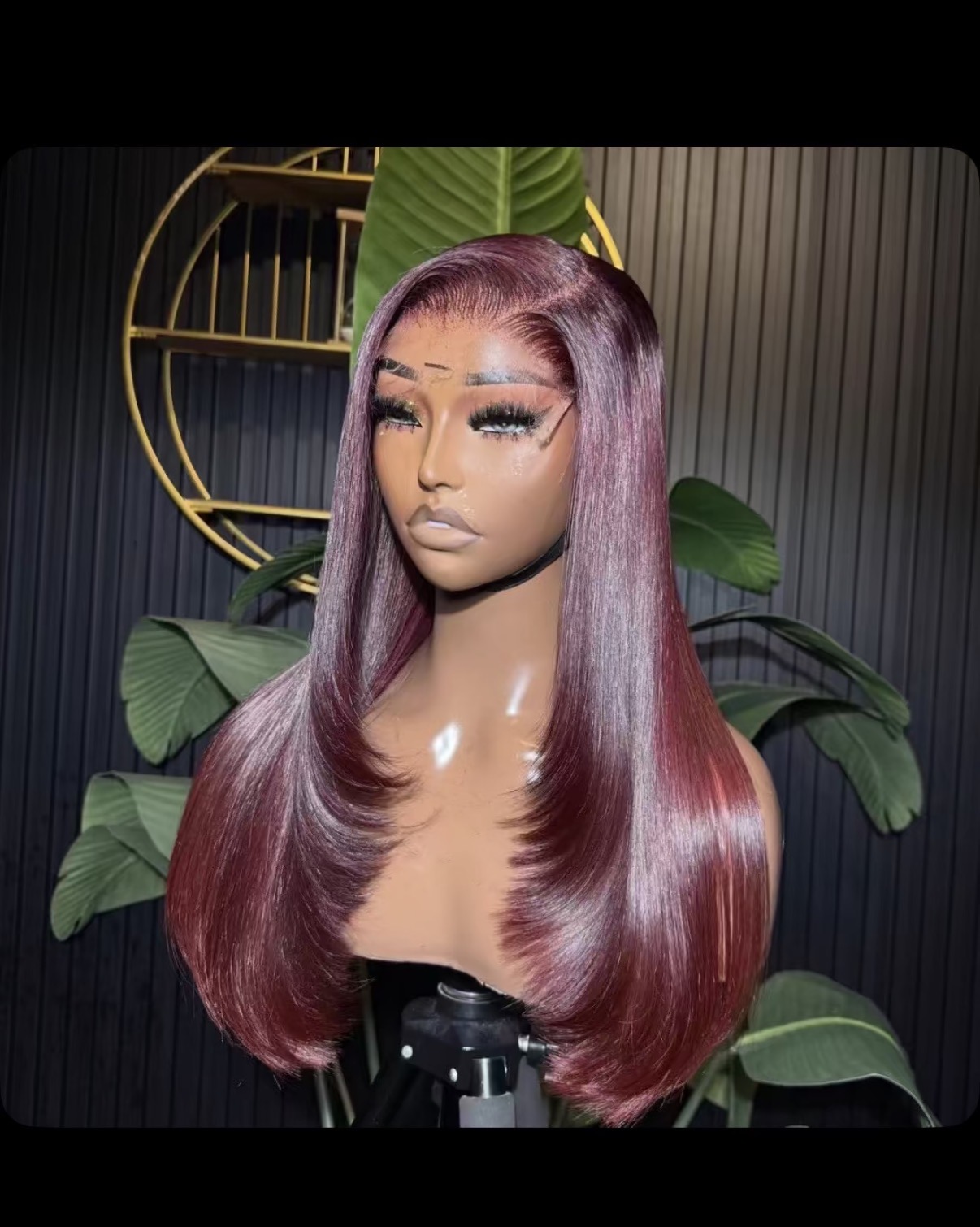 Layered burgundy bonestraight luxury human hair wig